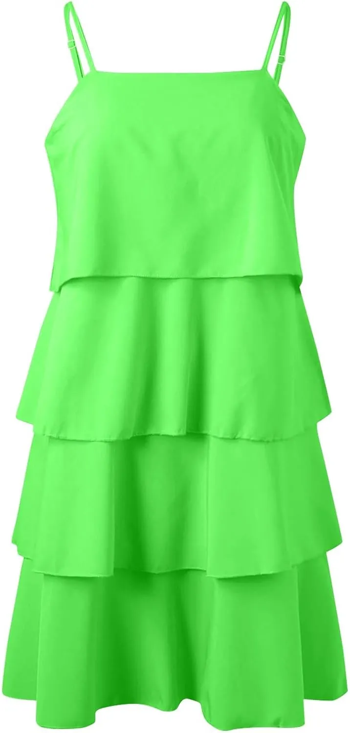 Tiered Ruffle Dress for Women Casual Summer Sleeveless Spaghetti Strap Mini Dress Flowy Layered Vacation Beach Dress