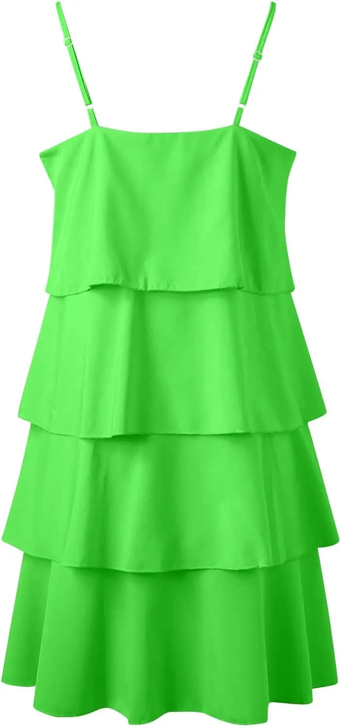 Tiered Ruffle Dress for Women Casual Summer Sleeveless Spaghetti Strap Mini Dress Flowy Layered Vacation Beach Dress
