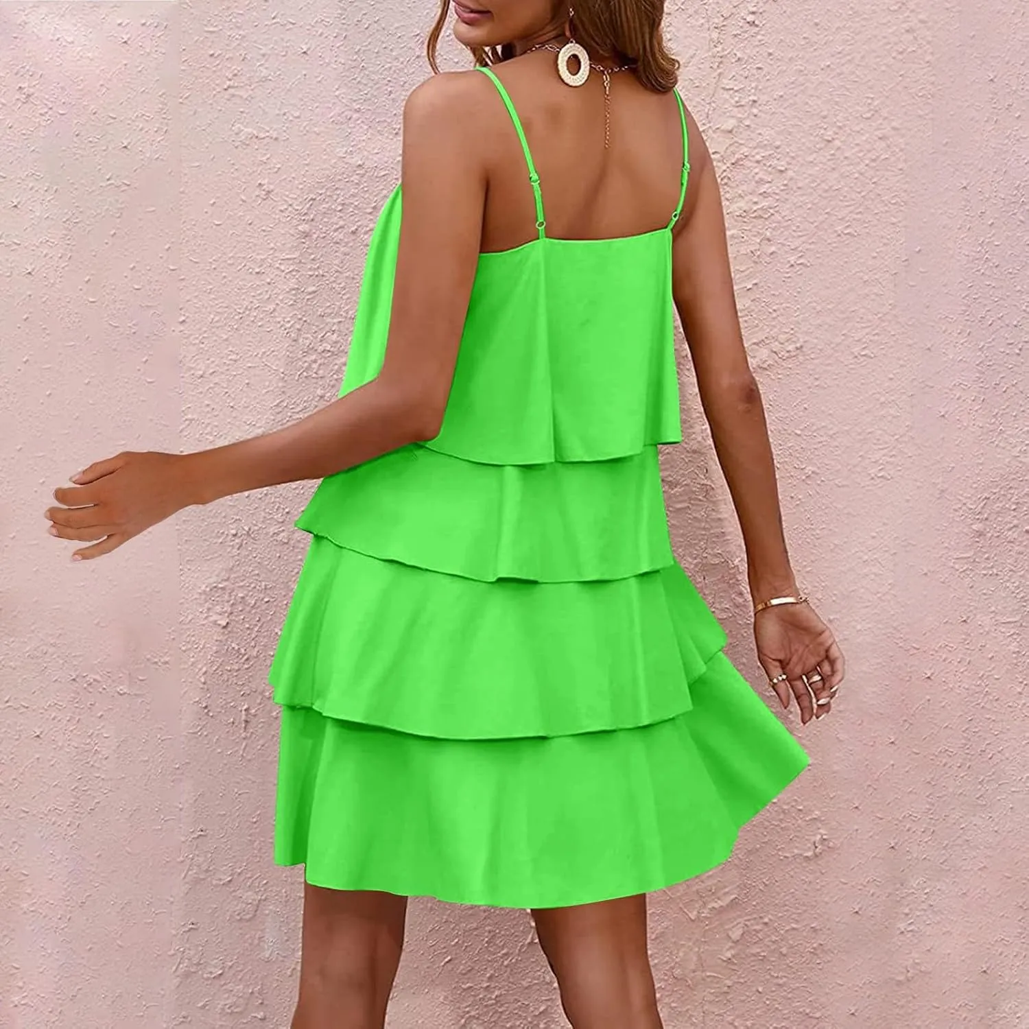 Tiered Ruffle Dress for Women Casual Summer Sleeveless Spaghetti Strap Mini Dress Flowy Layered Vacation Beach Dress