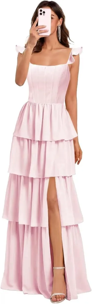 Tiered Ruffles Bridesmaid Dresses Long for Women Chiffon Formal Evening Dresses