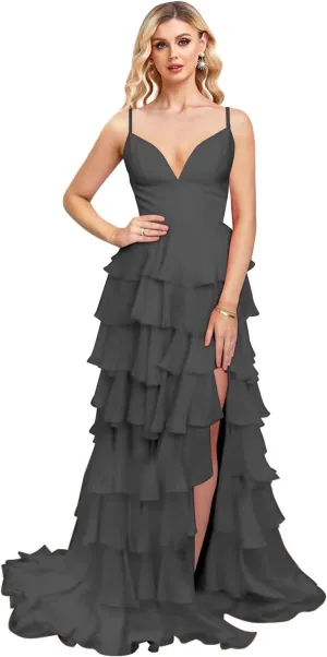 Tiered Spaghetti Strap Prom Dress with Slit Chiffon V Neck Ball Gown Dress Ruffles Evening Gowns