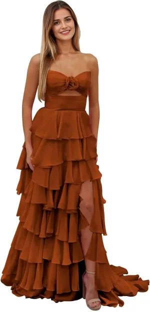 Tiered Strapless Prom Dress with Slit for Women Chiffon Ruffle Long Formal Evening Gowns