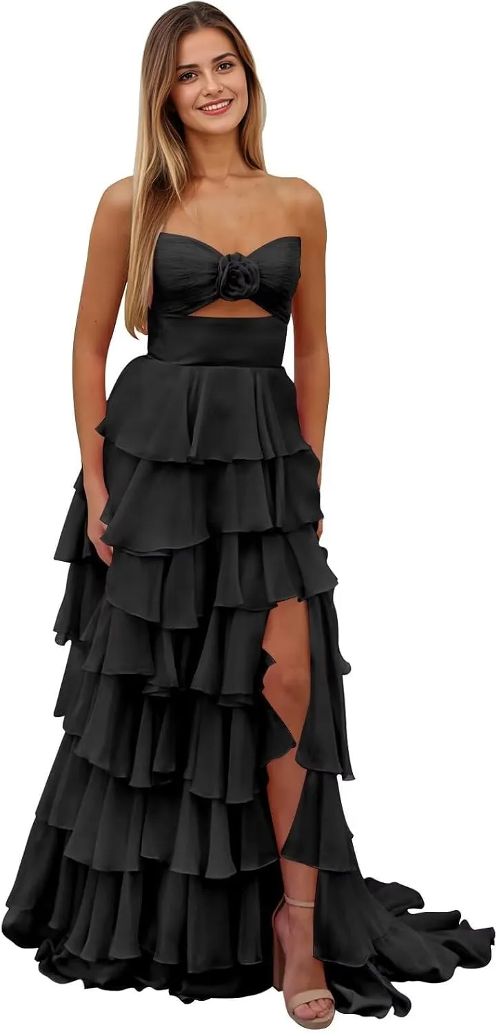 Tiered Strapless Prom Dress with Slit for Women Chiffon Ruffle Long Formal Evening Gowns
