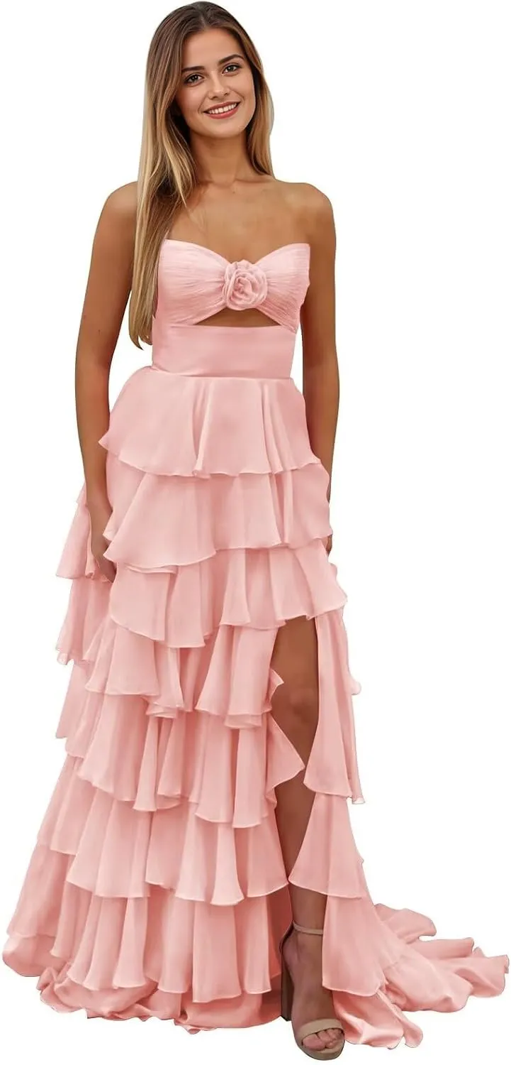 Tiered Strapless Prom Dress with Slit for Women Chiffon Ruffle Long Formal Evening Gowns