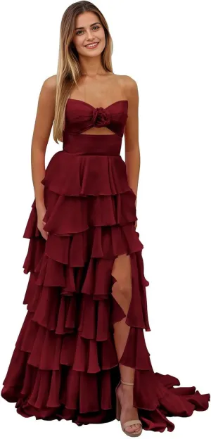 Tiered Strapless Prom Dress with Slit for Women Chiffon Ruffle Long Formal Evening Gowns