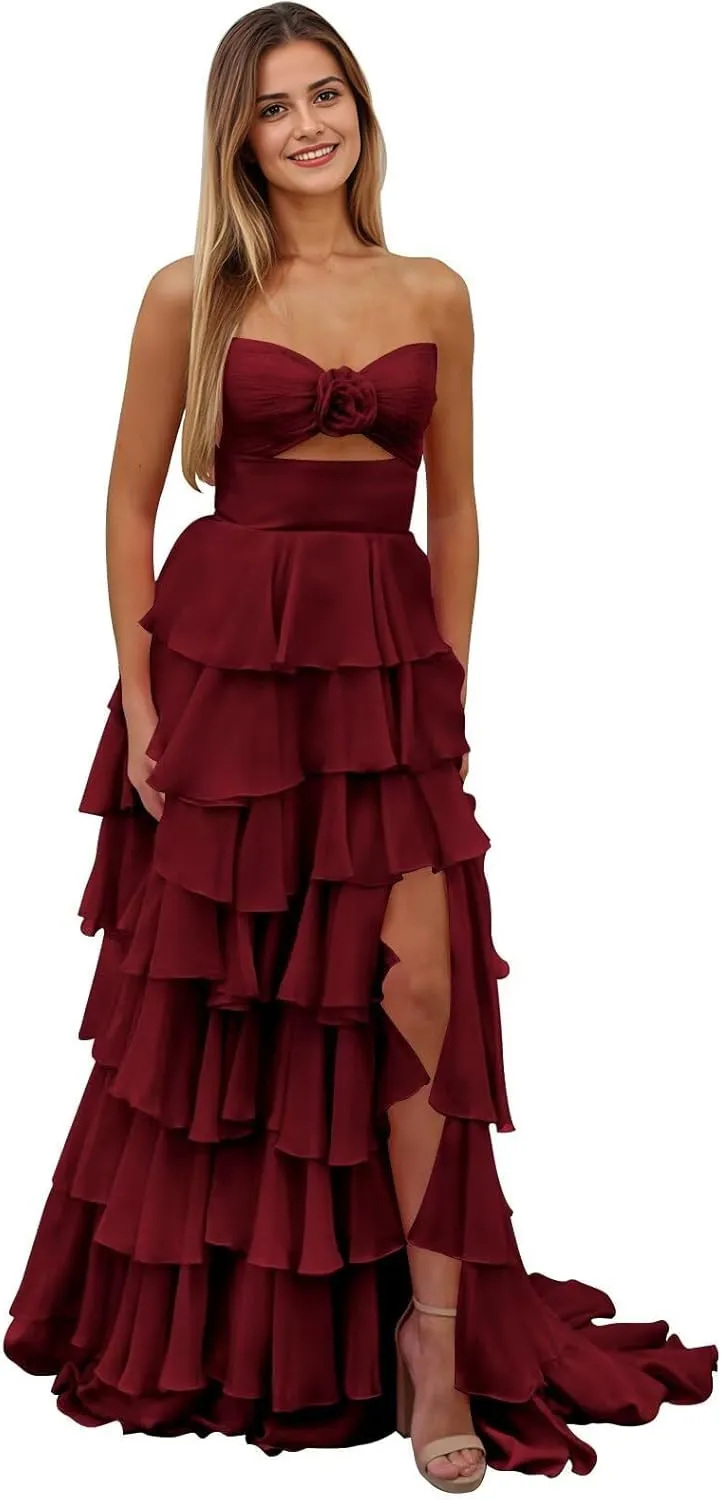 Tiered Strapless Prom Dress with Slit for Women Chiffon Ruffle Long Formal Evening Gowns