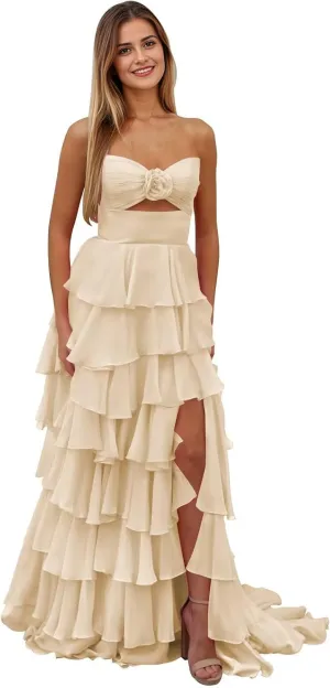 Tiered Strapless Prom Dress with Slit for Women Chiffon Ruffle Long Formal Evening Gowns