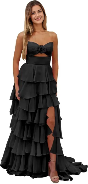 Tiered Strapless Prom Dress with Slit for Women Chiffon Ruffle Long Formal Evening Gowns