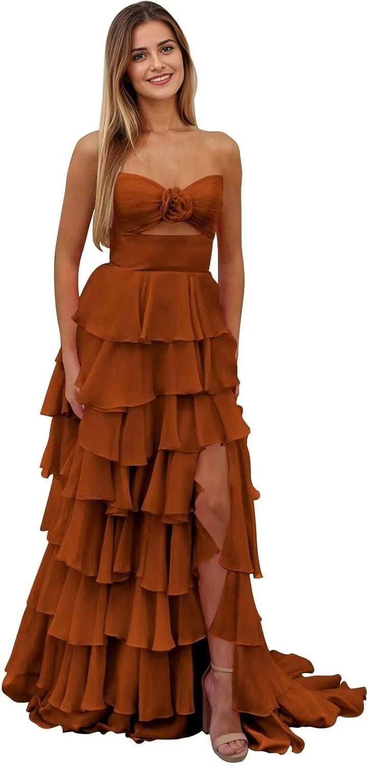 Tiered Strapless Prom Dress with Slit for Women Chiffon Ruffle Long Formal Evening Gowns