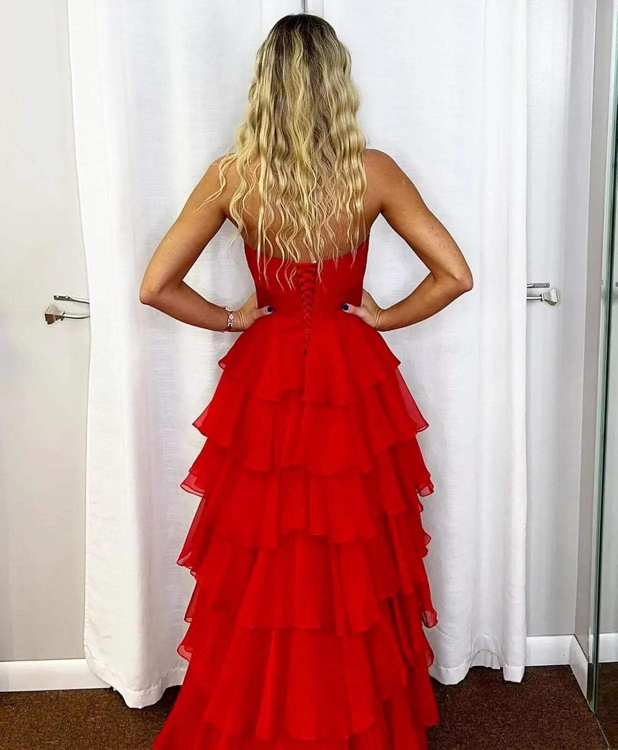 Tiered Strapless Prom Dress with Slit for Women Chiffon Ruffle Long Formal Evening Gowns