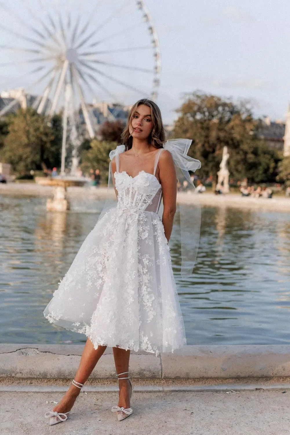Tulle Lace Wedding Dresses for Bride 2025 Simple Long Sleeve Wedding Gown Tea Length Bridal Shower Dress