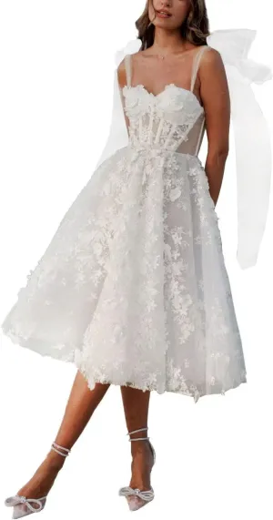 Tulle Lace Wedding Dresses for Bride 2025 Simple Long Sleeve Wedding Gown Tea Length Bridal Shower Dress