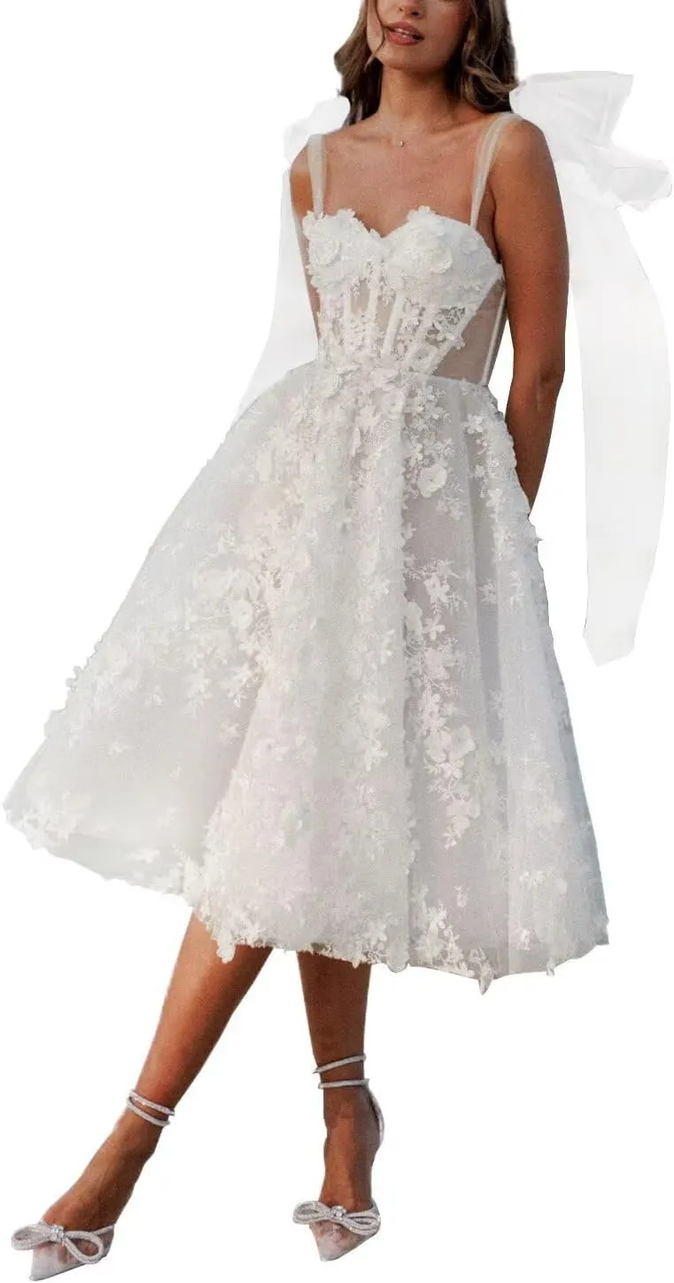 Tulle Lace Wedding Dresses for Bride 2025 Simple Long Sleeve Wedding Gown Tea Length Bridal Shower Dress