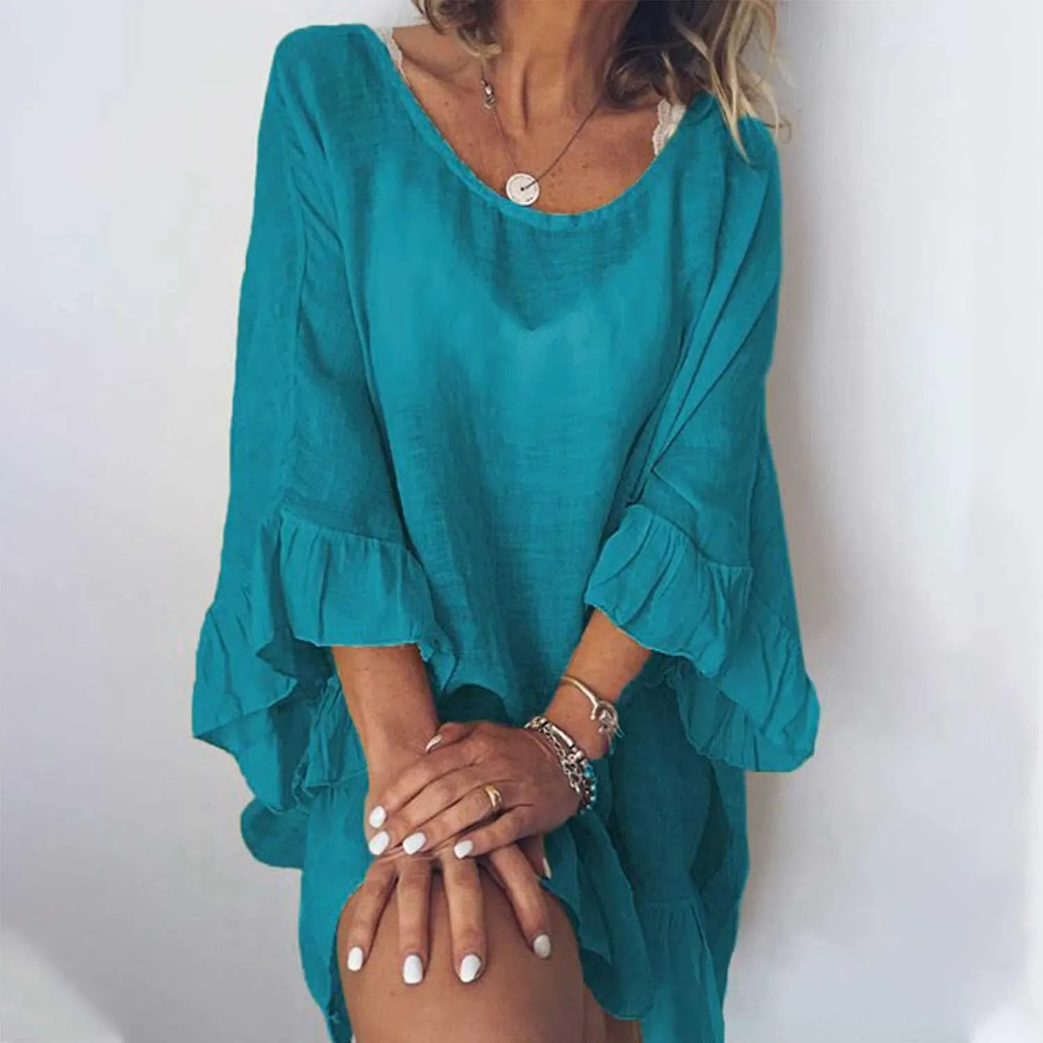 Tunic Dresses for Women 2024 Flowy Plus Size 3/4 Ruffle Sleeve Dress Oversized Lightweight Outdoor Bodycon Mini Dress