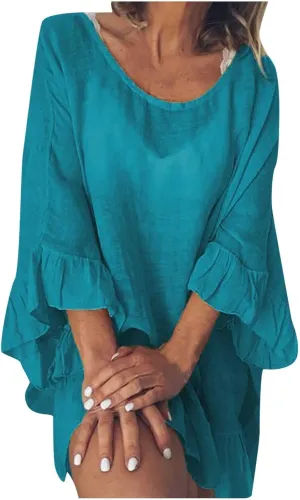 Tunic Dresses for Women 2024 Flowy Plus Size 3/4 Ruffle Sleeve Dress Oversized Lightweight Outdoor Bodycon Mini Dress