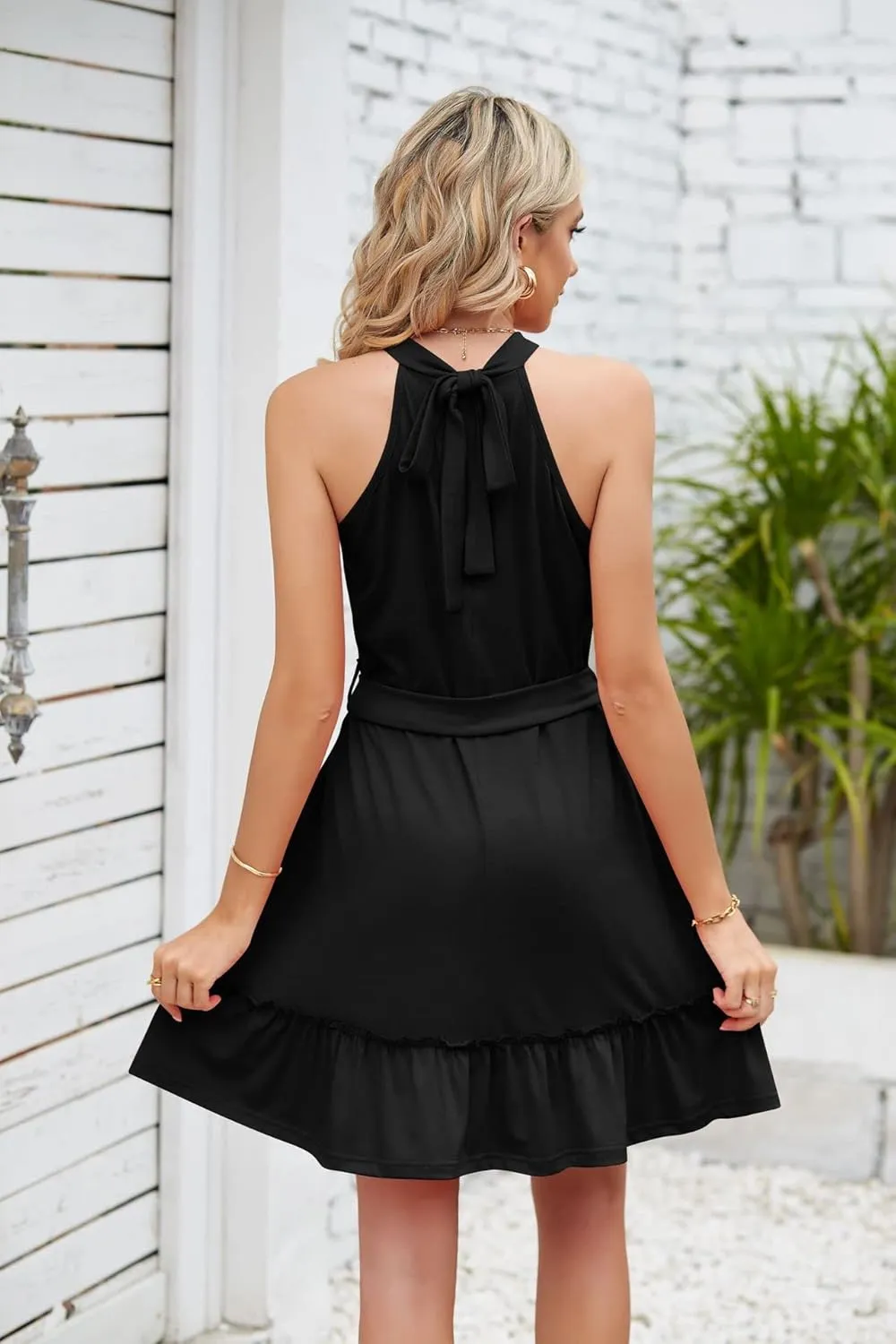 utcoco Women's 2024 Summer Dress Halter Casual Sleeveless Beach Outfits Boho Sundress Ruffle Belted Midi Dress