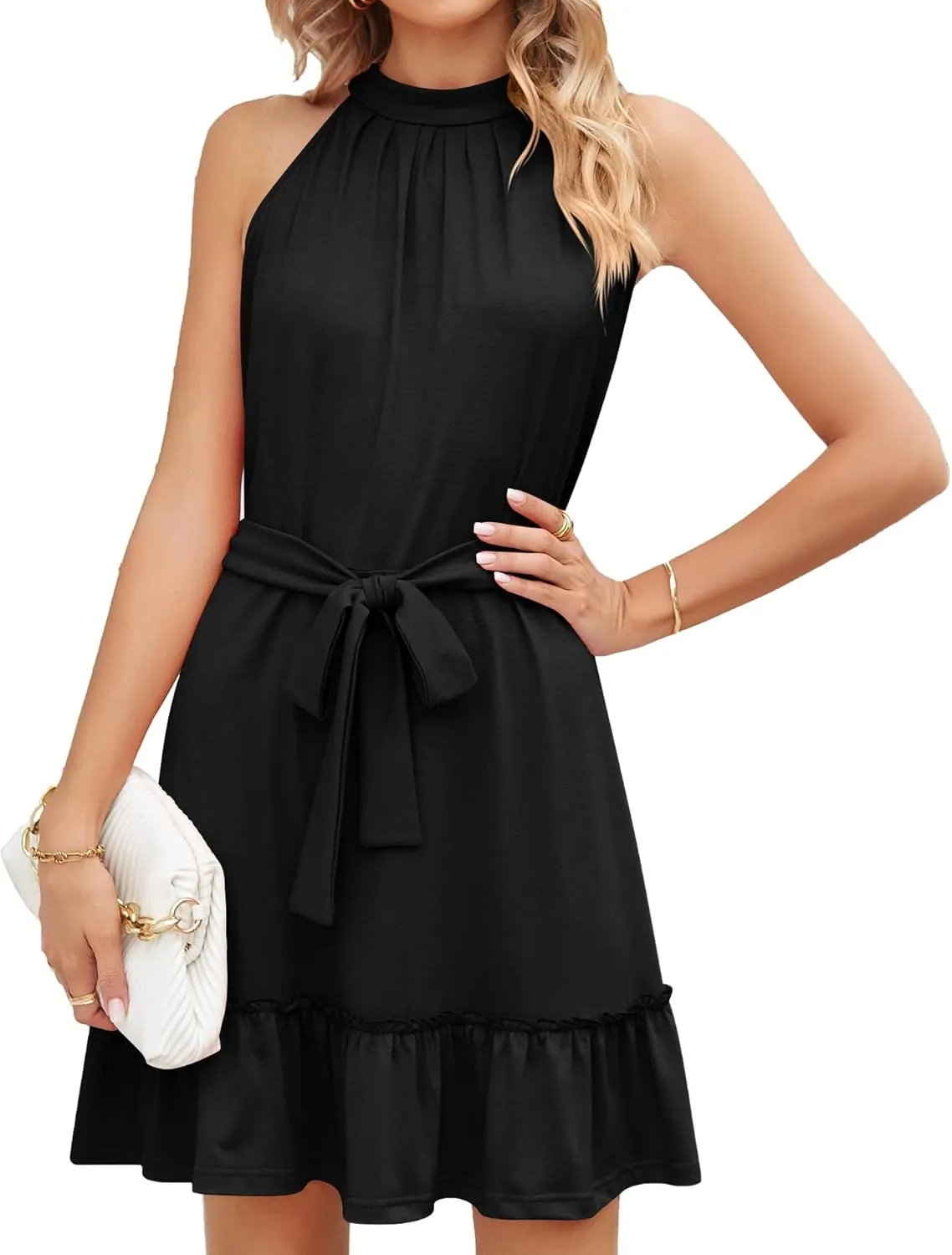 utcoco Women's 2024 Summer Dress Halter Casual Sleeveless Beach Outfits Boho Sundress Ruffle Belted Midi Dress