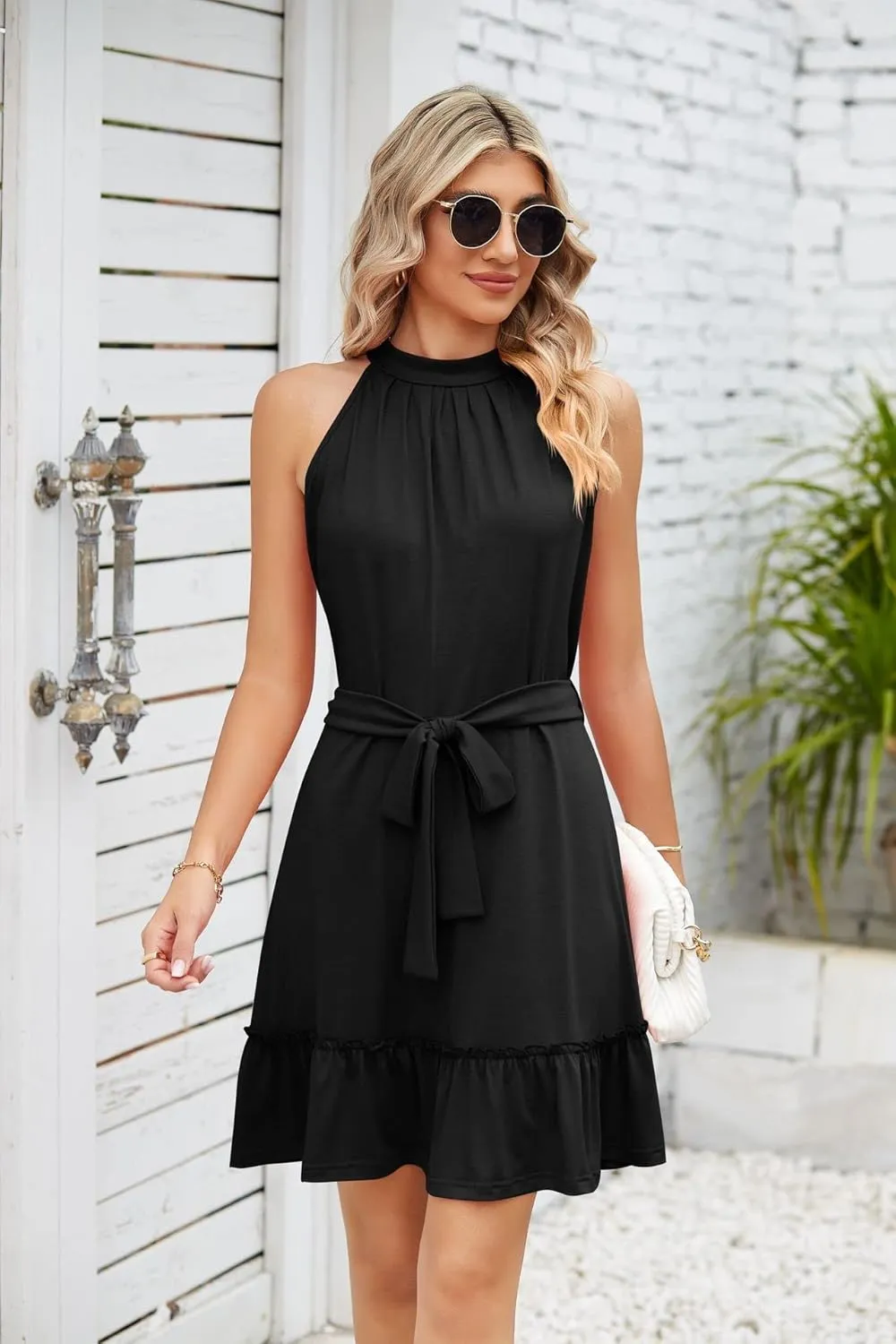 utcoco Women's 2024 Summer Dress Halter Casual Sleeveless Beach Outfits Boho Sundress Ruffle Belted Midi Dress