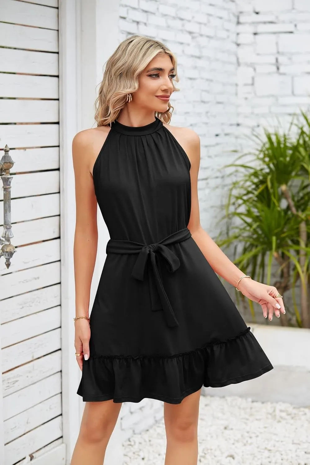 utcoco Women's 2024 Summer Dress Halter Casual Sleeveless Beach Outfits Boho Sundress Ruffle Belted Midi Dress