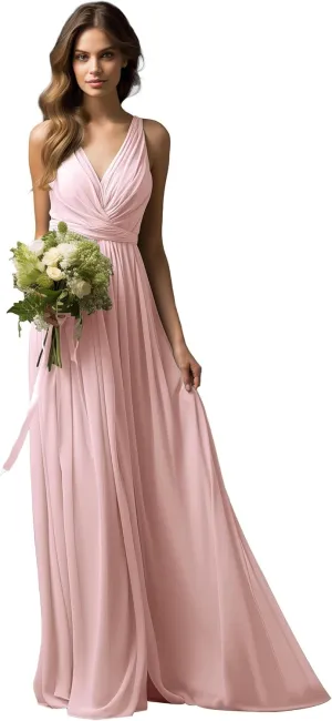 V-Neck Chiffon Long Bridesmaid Dresses for Women A Line Ruched Formal Porm Evening Gowns MRX18