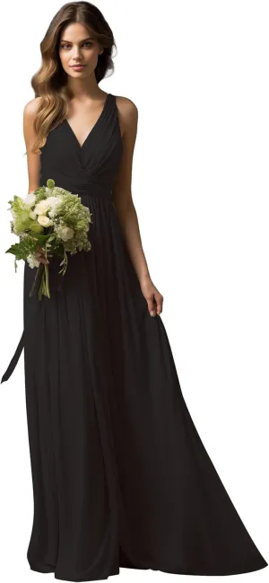 V-Neck Chiffon Long Bridesmaid Dresses for Women A Line Ruched Formal Porm Evening Gowns MRX18