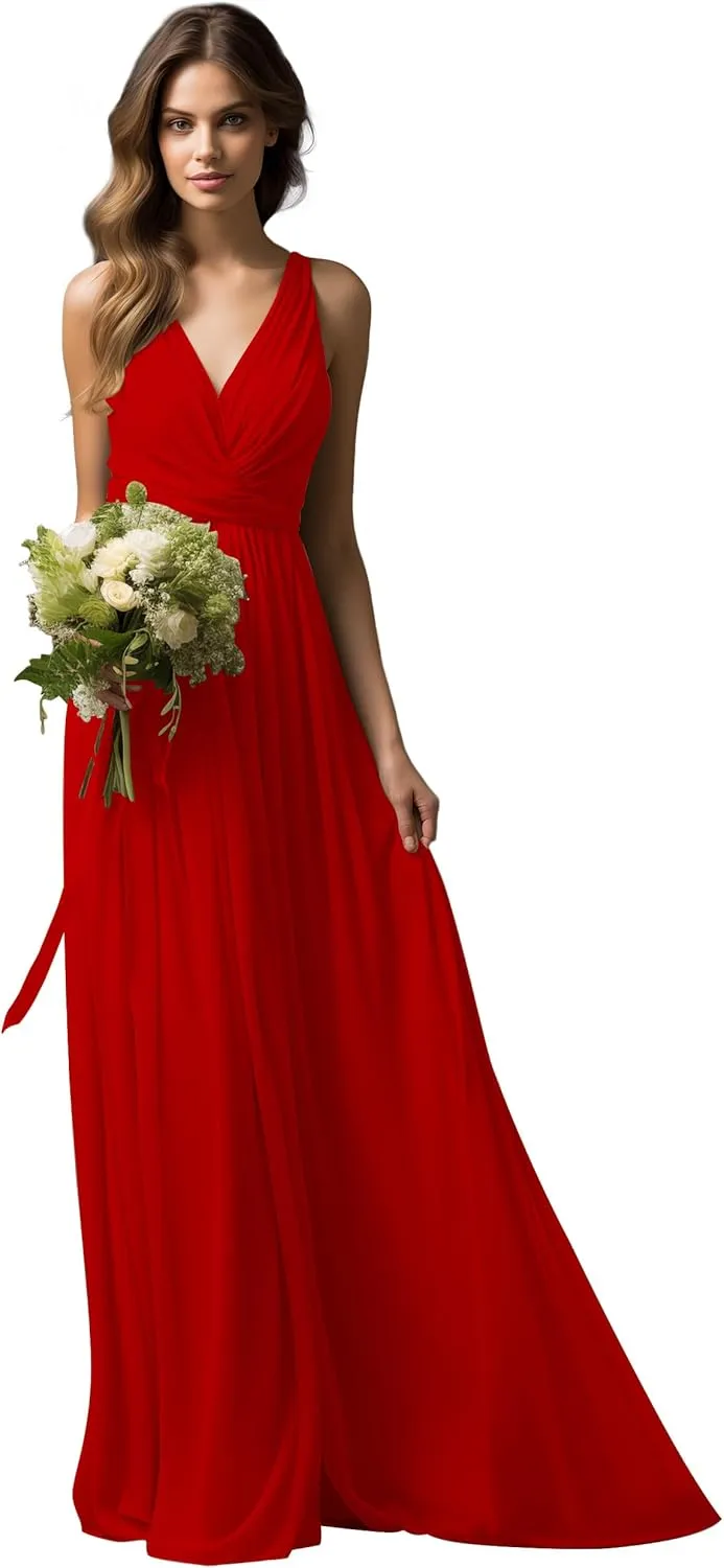 V-Neck Chiffon Long Bridesmaid Dresses for Women A Line Ruched Formal Porm Evening Gowns MRX18