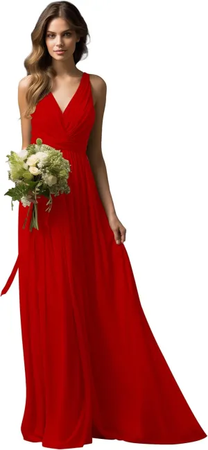 V-Neck Chiffon Long Bridesmaid Dresses for Women A Line Ruched Formal Porm Evening Gowns MRX18