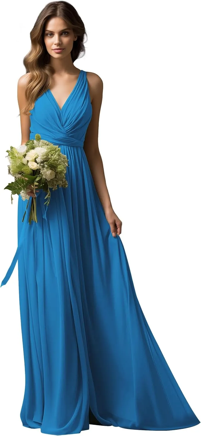 V-Neck Chiffon Long Bridesmaid Dresses for Women A Line Ruched Formal Porm Evening Gowns MRX18
