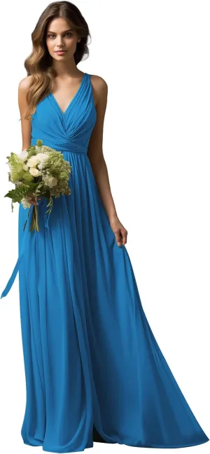 V-Neck Chiffon Long Bridesmaid Dresses for Women A Line Ruched Formal Porm Evening Gowns MRX18