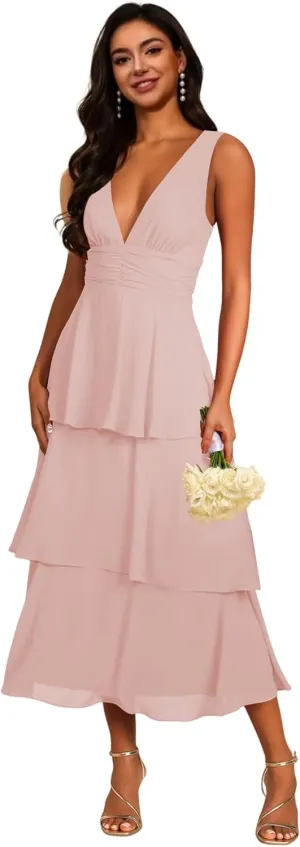 V Neck Tiered Chiffon Bridesmaid Dresses Tea Length 2025 Ruffle Formal Evening Dresses VS177