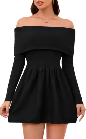 Verdusa Women's Off The Shoulder Sweater Dress Long Sleeve Spring Fall Flared Short Dresses