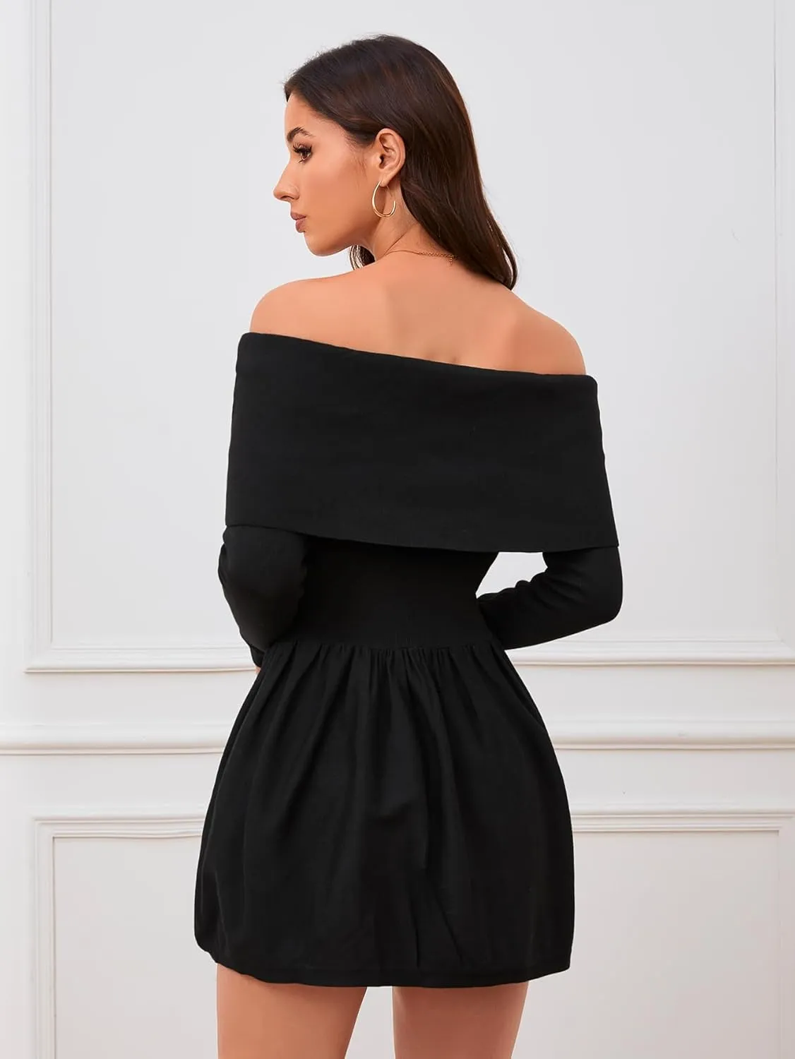 Verdusa Women's Off The Shoulder Sweater Dress Long Sleeve Spring Fall Flared Short Dresses