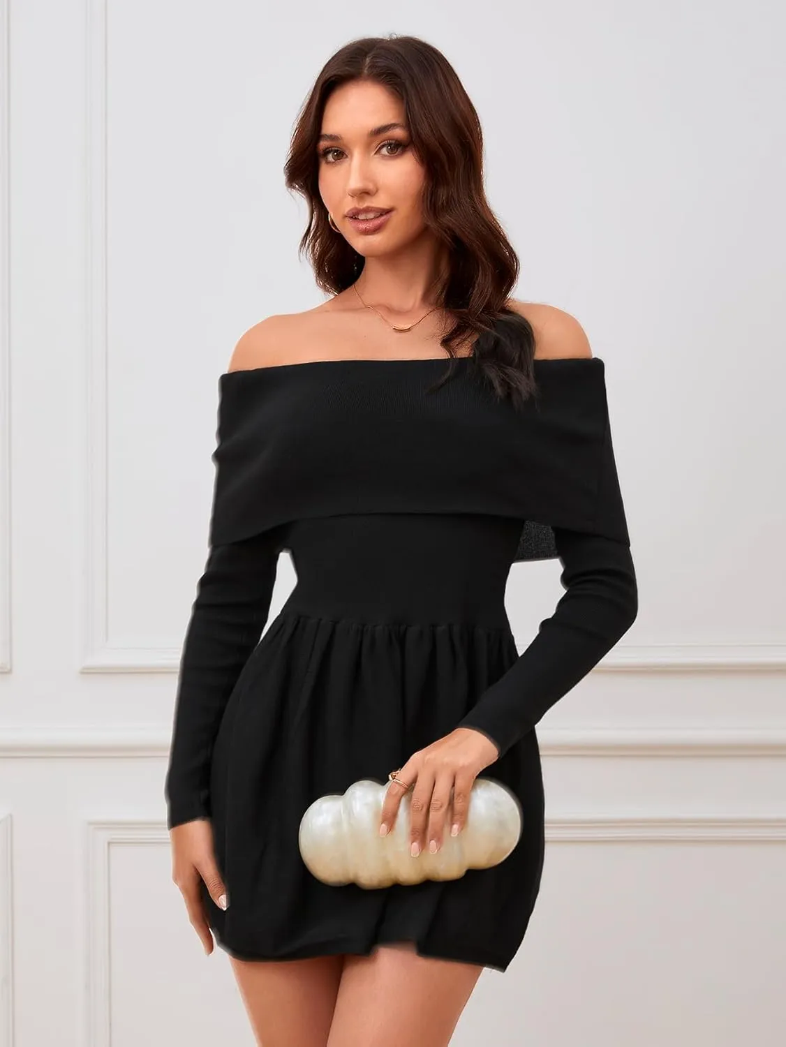 Verdusa Women's Off The Shoulder Sweater Dress Long Sleeve Spring Fall Flared Short Dresses