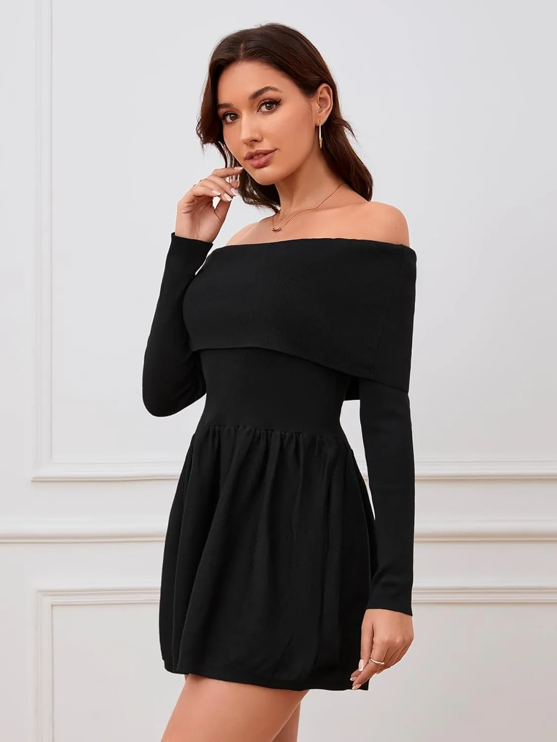 Verdusa Women's Off The Shoulder Sweater Dress Long Sleeve Spring Fall Flared Short Dresses