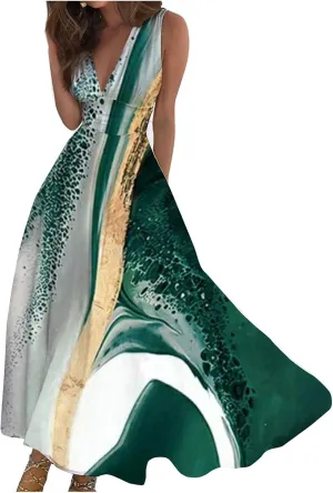 Waist Dress for Women Simple Floral Maxi Dress Flowy Casual V Neck Sleeveless Wedding Guest Holiday Long Dress