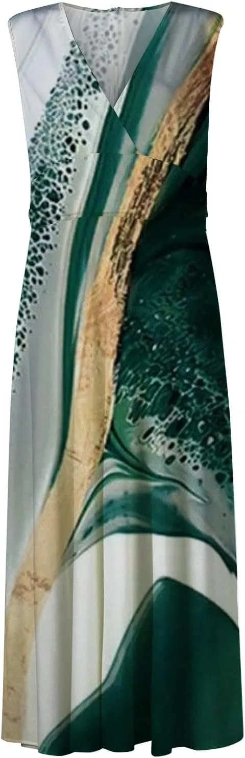 Waist Dress for Women Simple Floral Maxi Dress Flowy Casual V Neck Sleeveless Wedding Guest Holiday Long Dress