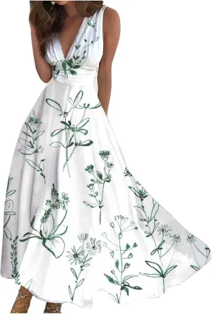 Waist Dress for Women Simple Floral Maxi Dress Flowy Casual V Neck Sleeveless Wedding Guest Holiday Long Dress
