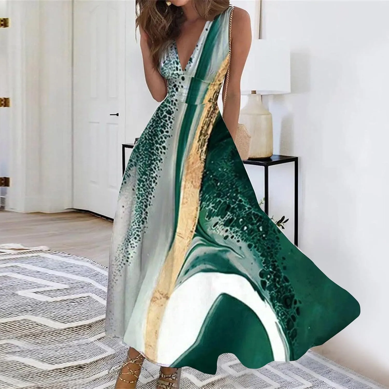 Waist Dress for Women Simple Floral Maxi Dress Flowy Casual V Neck Sleeveless Wedding Guest Holiday Long Dress