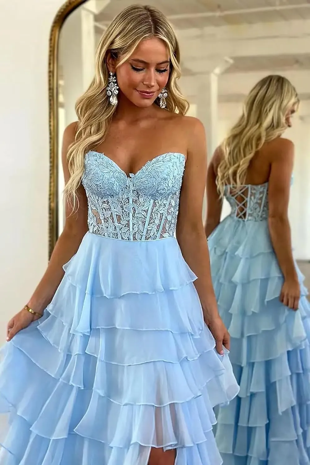 WDBFY Tiered Lace Corset Prom Dresses for Women Strapless Long Ruffle Chiffon Formal Evening Party Gowns with Slit