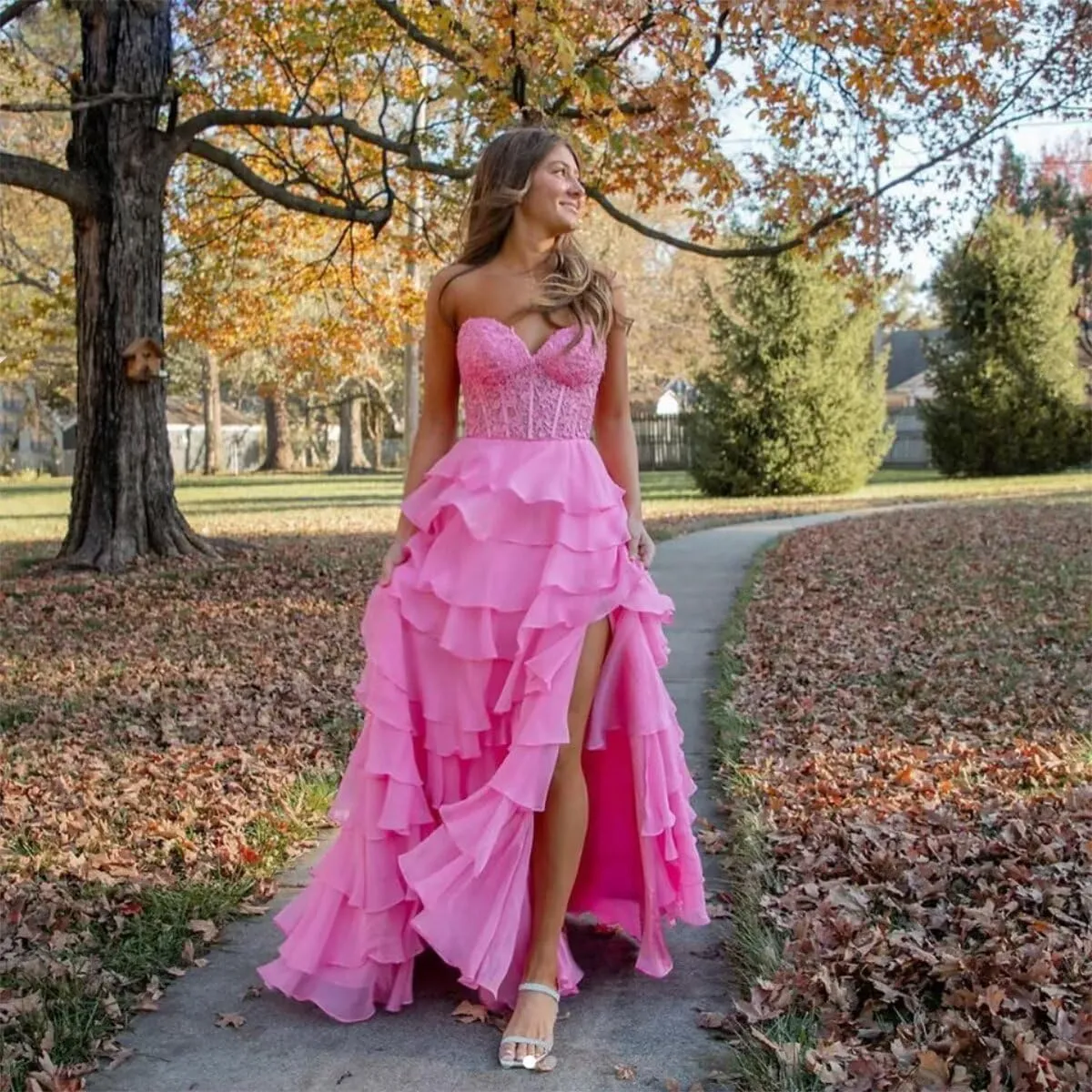 WDBFY Tiered Lace Corset Prom Dresses for Women Strapless Long Ruffle Chiffon Formal Evening Party Gowns with Slit