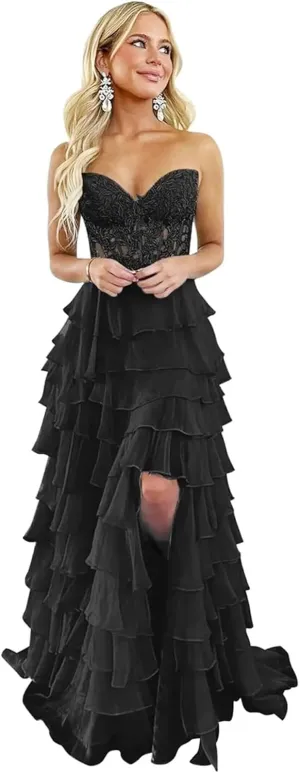 WDBFY Tiered Lace Corset Prom Dresses for Women Strapless Long Ruffle Chiffon Formal Evening Party Gowns with Slit