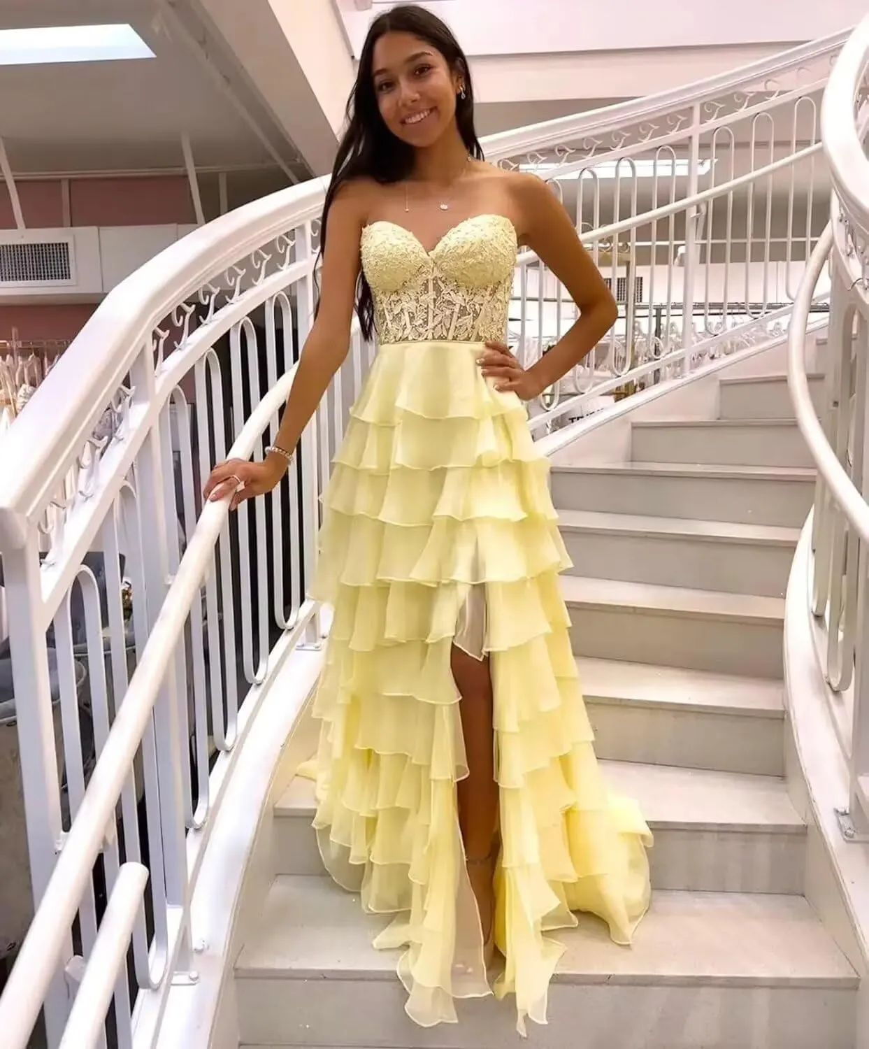 WDBFY Tiered Lace Corset Prom Dresses for Women Strapless Long Ruffle Chiffon Formal Evening Party Gowns with Slit