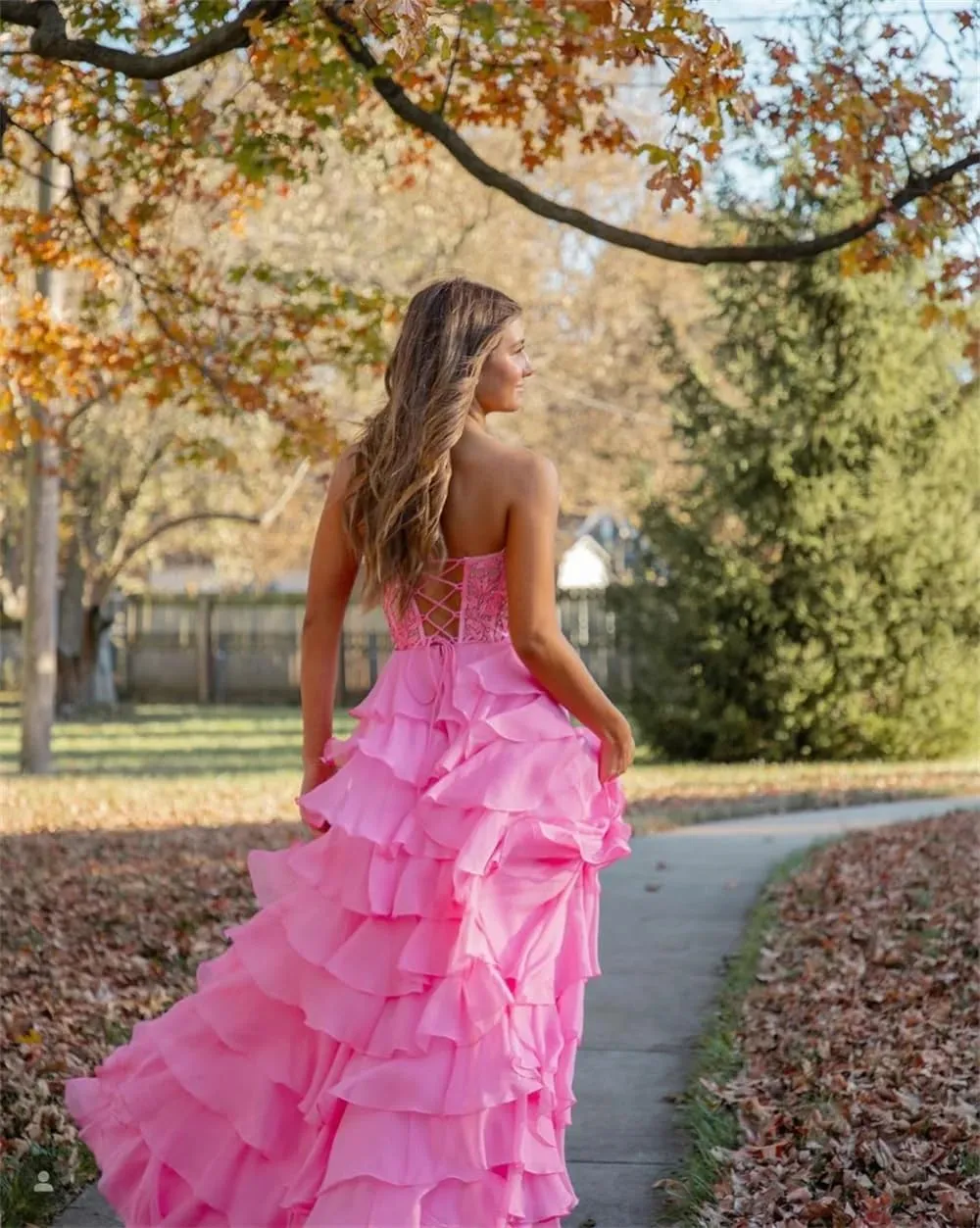 WDBFY Tiered Lace Corset Prom Dresses for Women Strapless Long Ruffle Chiffon Formal Evening Party Gowns with Slit