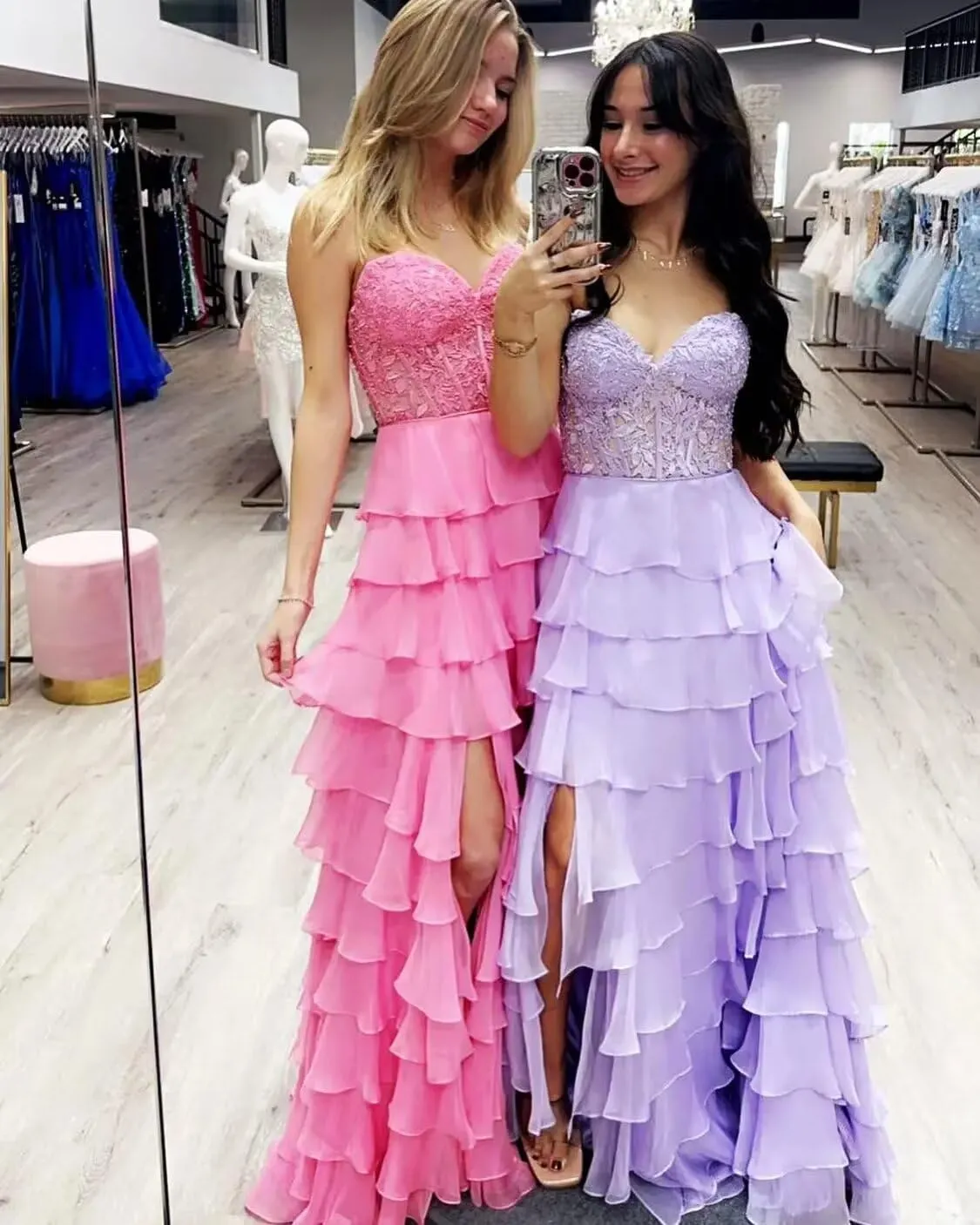 WDBFY Tiered Lace Corset Prom Dresses for Women Strapless Long Ruffle Chiffon Formal Evening Party Gowns with Slit