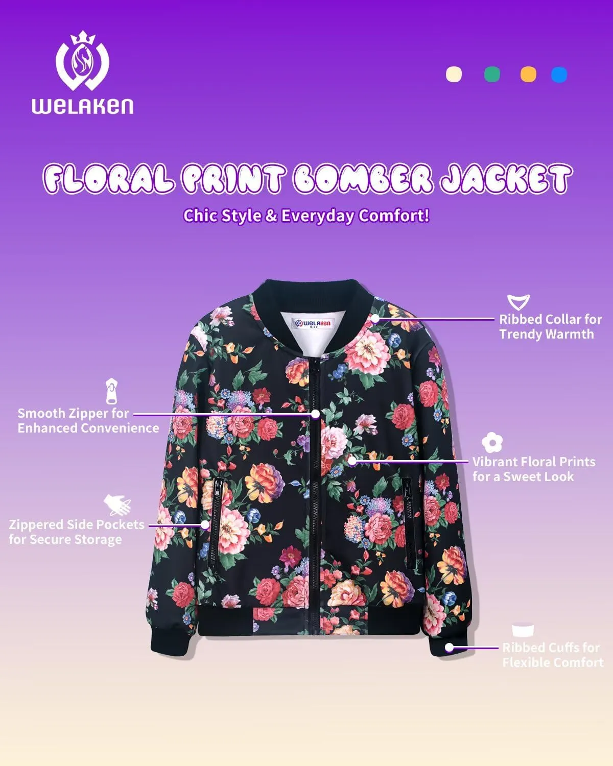WELAKEN Girls Lightweight Bomber Jacket Floral Print Full Zip Outwear Jacket with Pockets