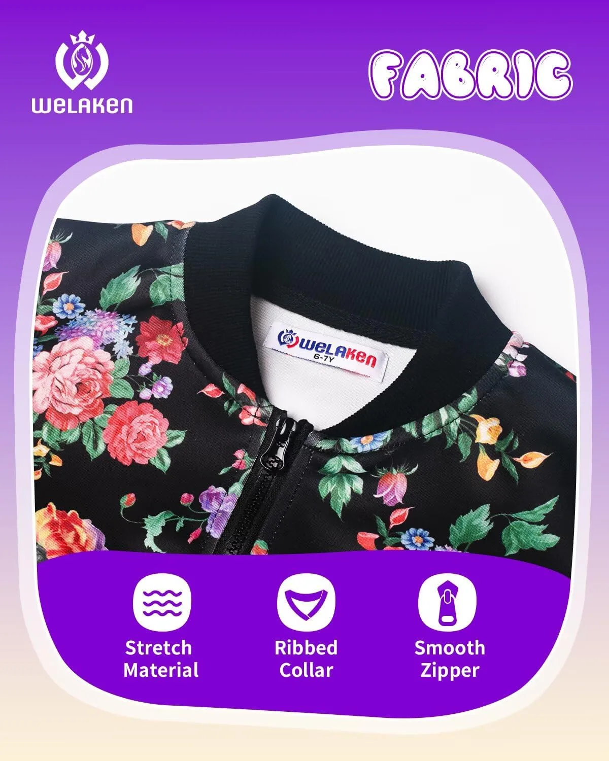 WELAKEN Girls Lightweight Bomber Jacket Floral Print Full Zip Outwear Jacket with Pockets