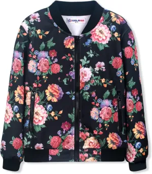 WELAKEN Girls Lightweight Bomber Jacket Floral Print Full Zip Outwear Jacket with Pockets