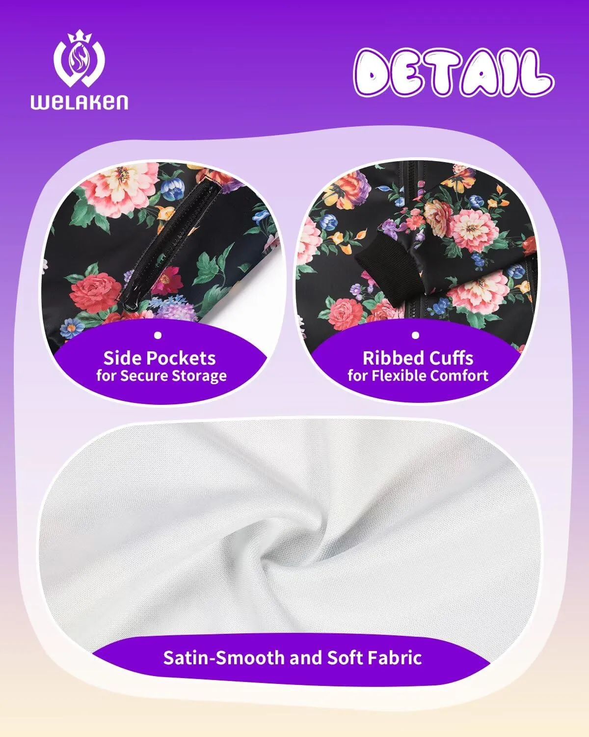 WELAKEN Girls Lightweight Bomber Jacket Floral Print Full Zip Outwear Jacket with Pockets