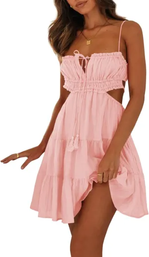 Wenrine Women's Summer Beach Mini Dress Adjustable Spaghetti Straps Sexy Backless Tiered Sleeveless Boho Dresses