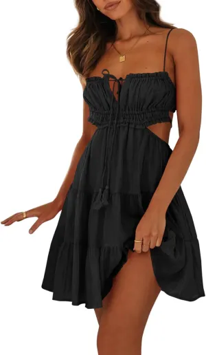 Wenrine Women's Summer Beach Mini Dress Adjustable Spaghetti Straps Sexy Backless Tiered Sleeveless Boho Dresses